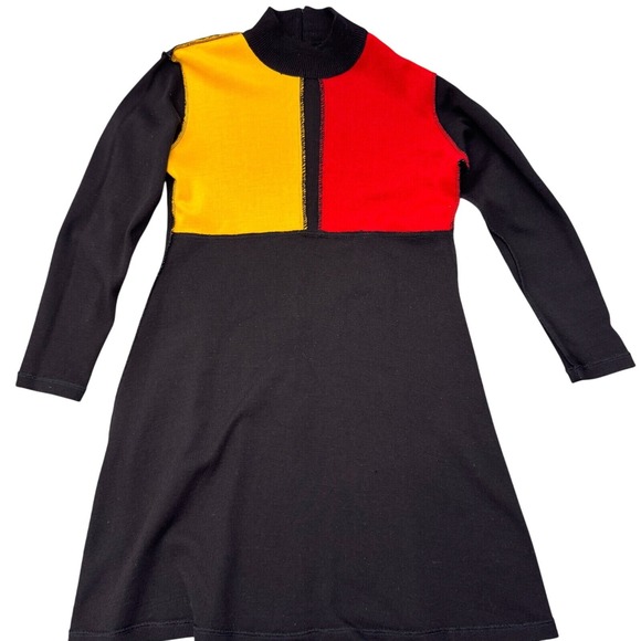 Vintage 90s‎ Karin Stevens M Black Knit Dress Yellow Red Mondrian Colorblock Mod - Picture 11 of 16
